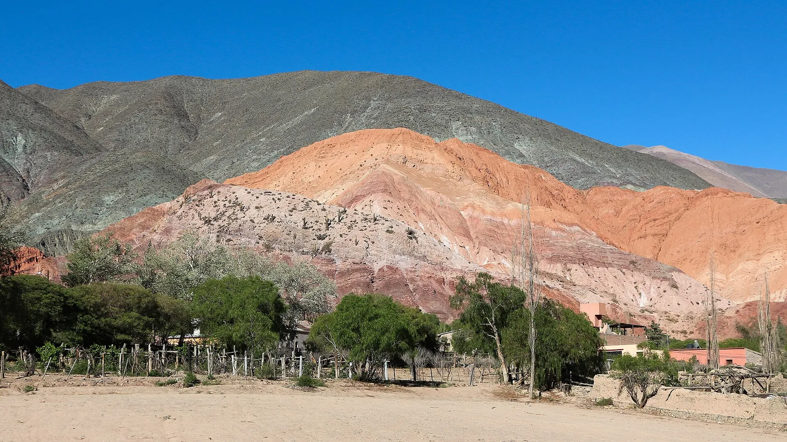 The striped Hill of Seven Colours rising above Purmamarca in the Argentine north-west