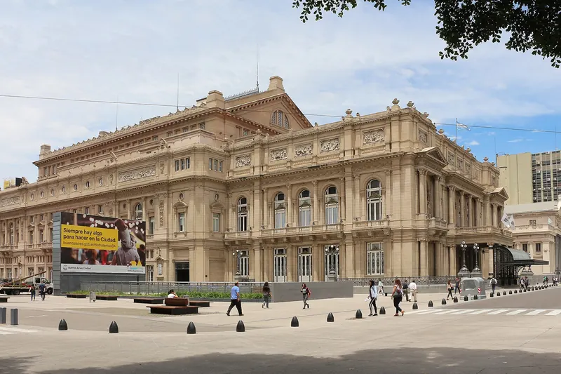 The grand façade of the Teatro Colón opera house in Buenos Aires