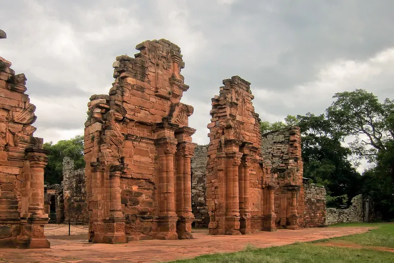 Red sandstone ruins of the Jesuit mission of San Ignacio Miní