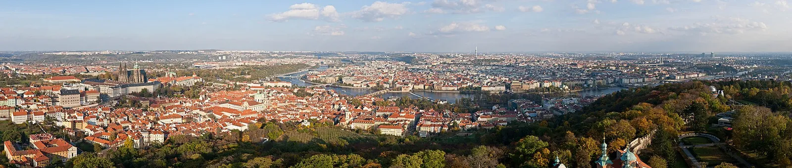 A wide panorama of a European city of red roofs, spires and a river at dusk