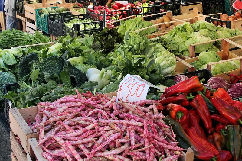A vegetable stall with prices chalked up at a market in Sulmona, Abruzzo