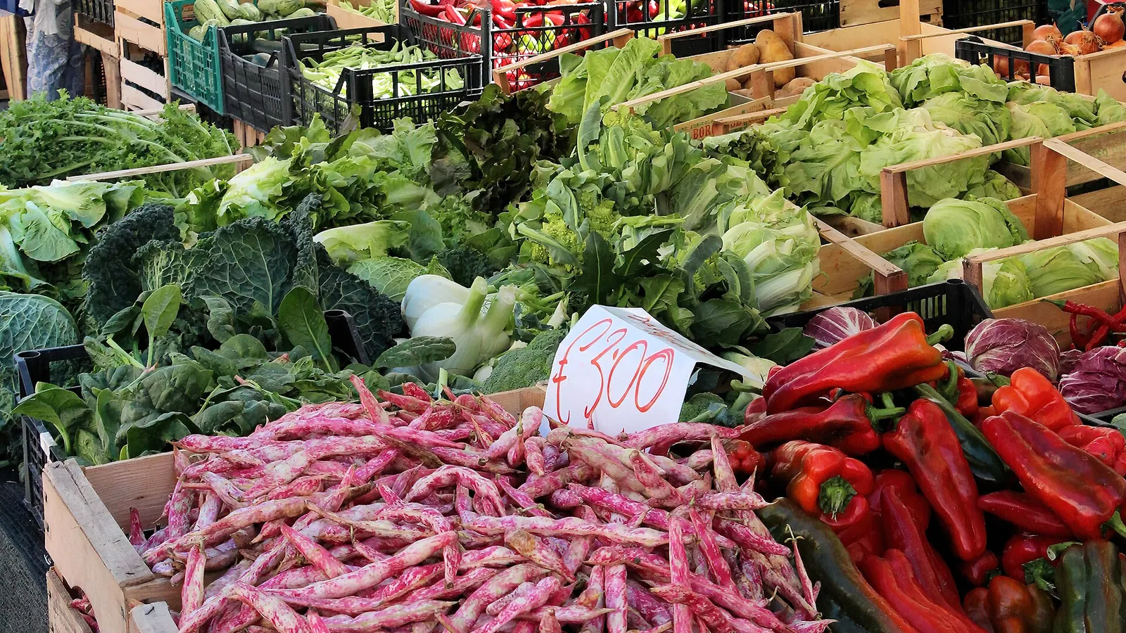 A vegetable stall with prices chalked up at a market in Sulmona, Abruzzo