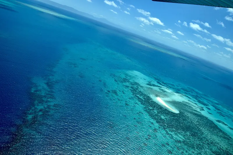 An aerial view of coral reefs and turquoise water on the Great Barrier Reef