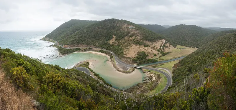 The Great Ocean Road curving along the coast near Lorne