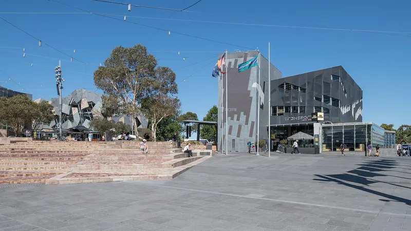 The angular buildings and paved plaza of Federation Square in Melbourne