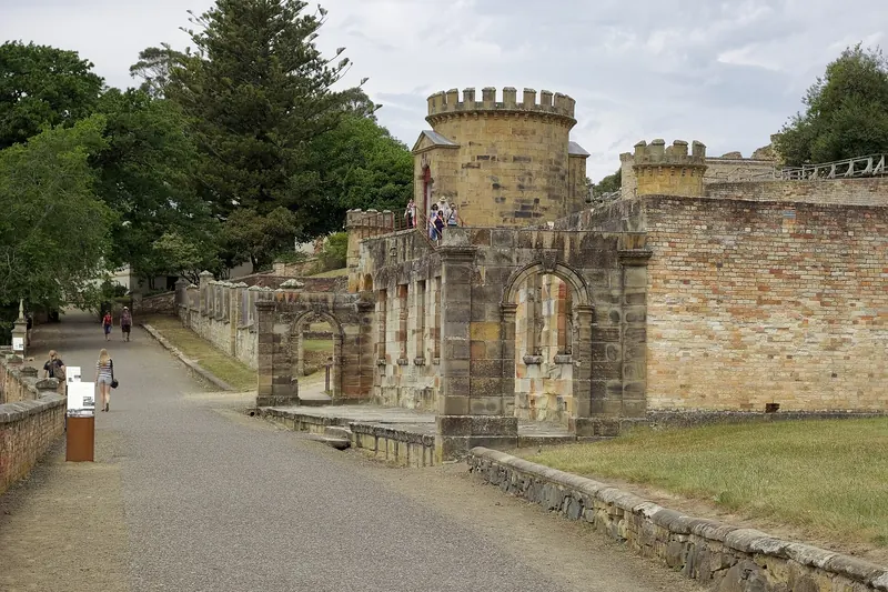 The ruins of the Port Arthur convict settlement, with the guard tower and lawns