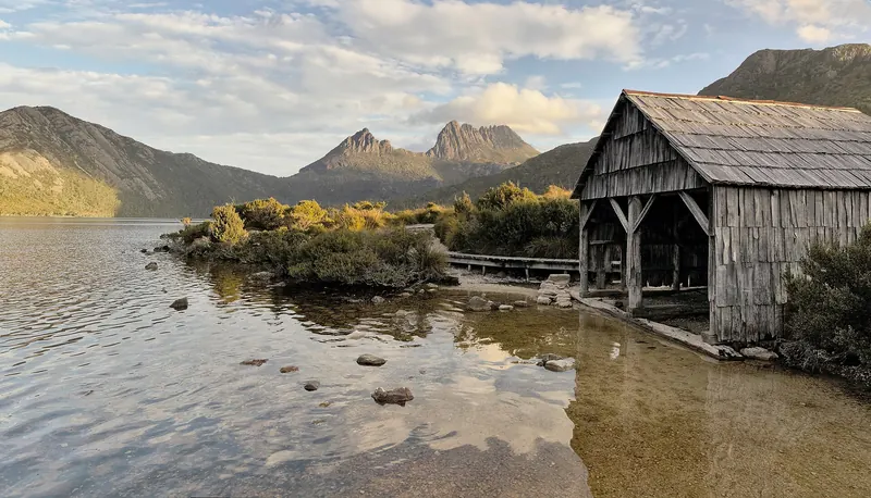 The boat shed at Dove Lake with Cradle Mountain behind