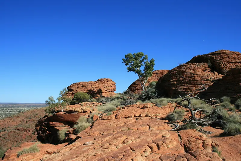 The red sandstone walls and desert view at Kings Canyon