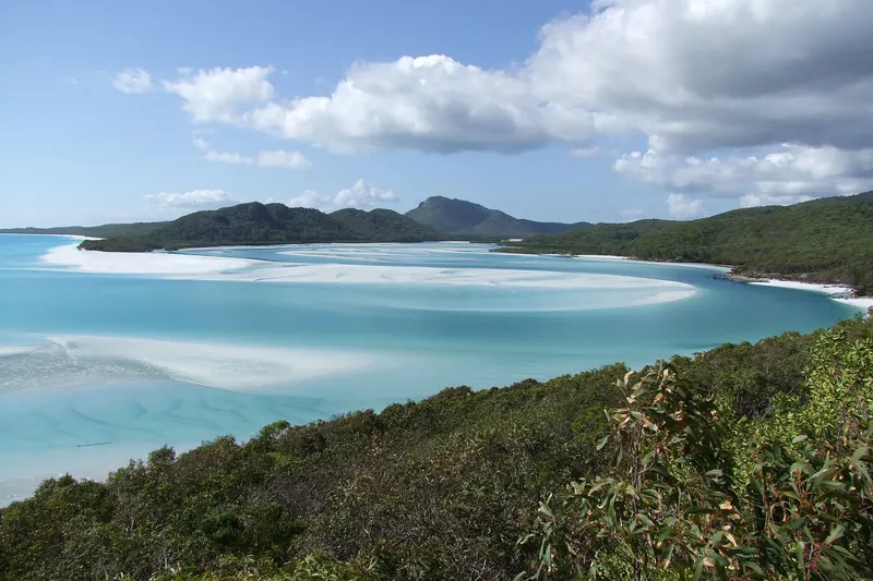 The swirling turquoise water and white sand of Hill Inlet at the end of Whitehaven Beach
