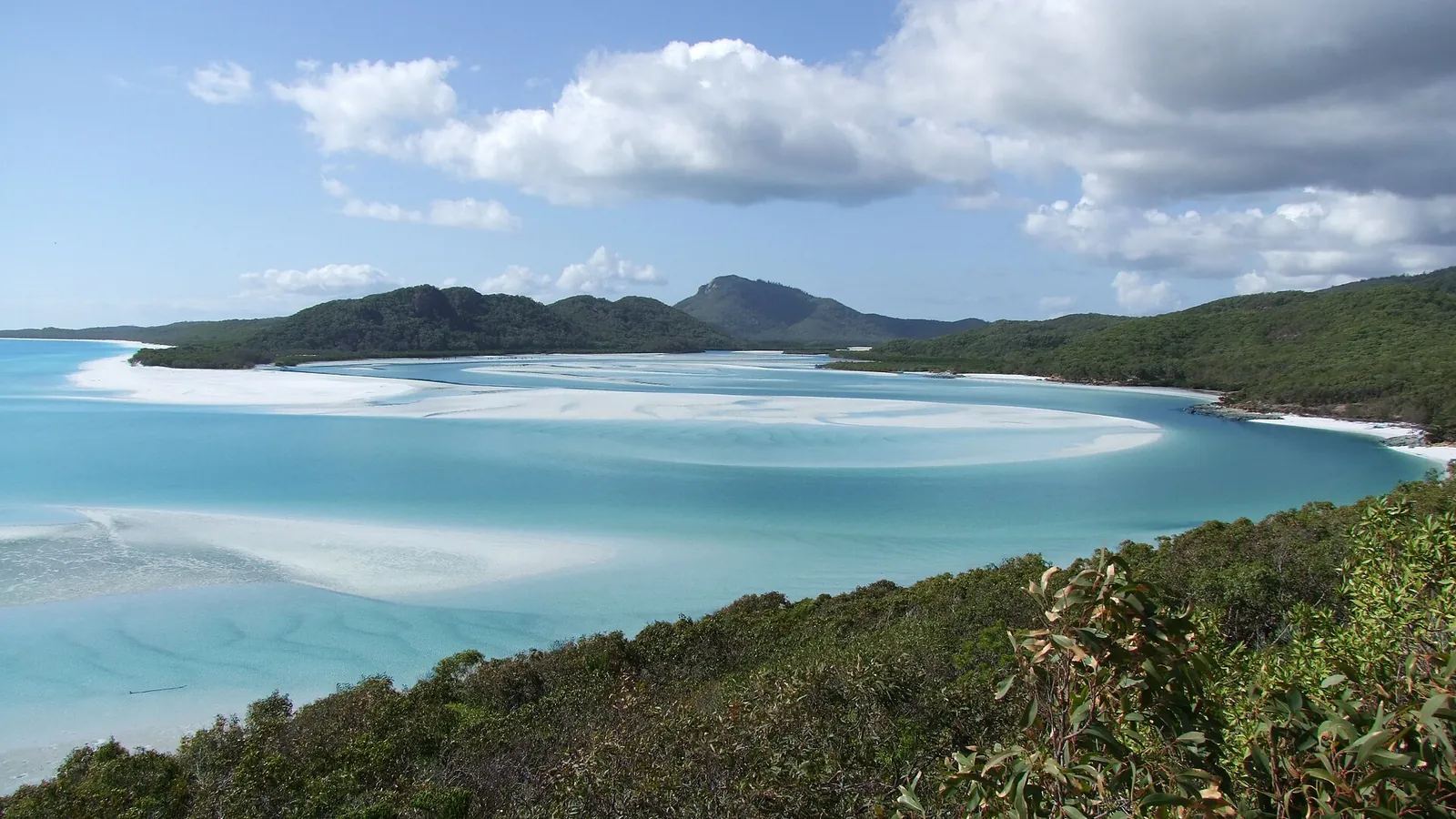 The swirling turquoise water and white sand of Hill Inlet at the end of Whitehaven Beach