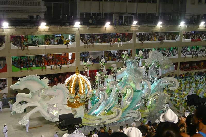 A samba school parade with dancers and floats at the Rio Carnival