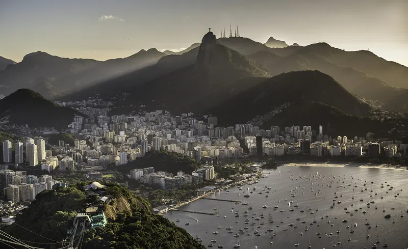 The skyline of Rio de Janeiro and Sugarloaf Mountain at sunset over Guanabara Bay
