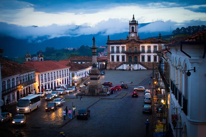The Praça Tiradentes square with the statue and the Museu da Inconfidência in Ouro Preto