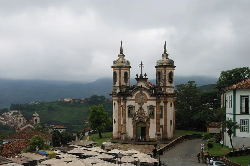 Colonial houses and church towers on the hills of Ouro Preto