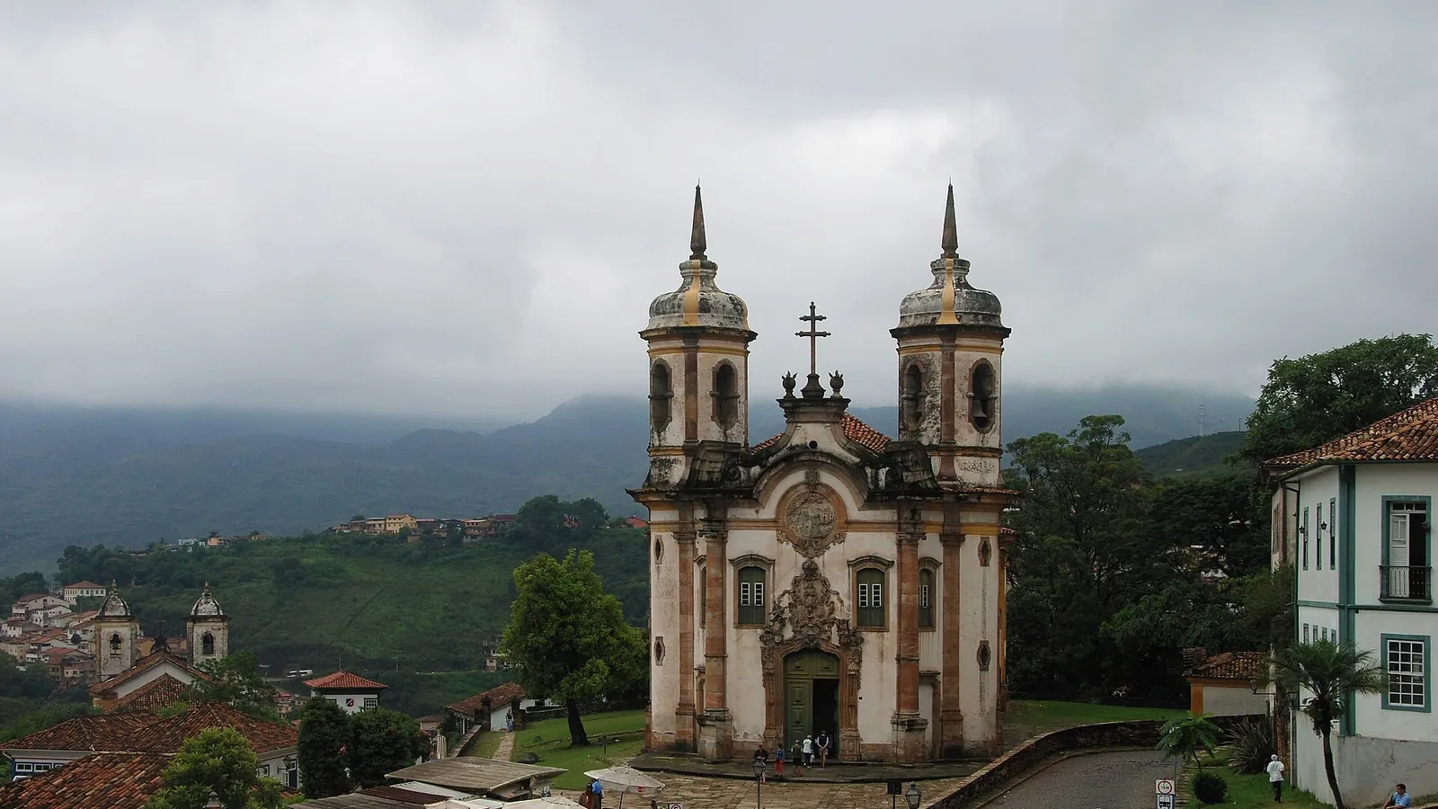 Colonial houses and church towers on the hills of Ouro Preto