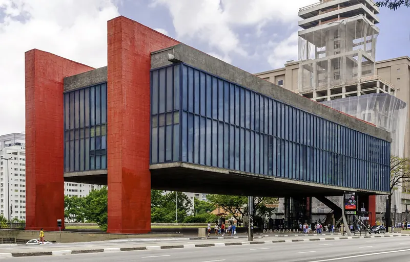 The Museu de Arte de São Paulo, MASP, a red modernist building raised on pillars