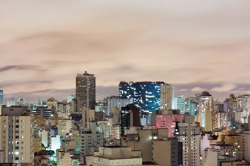 The São Paulo skyline with the curving Copan building and the Terraço Itália tower