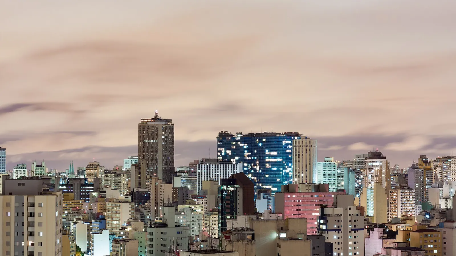 The São Paulo skyline with the curving Copan building and the Terraço Itália tower