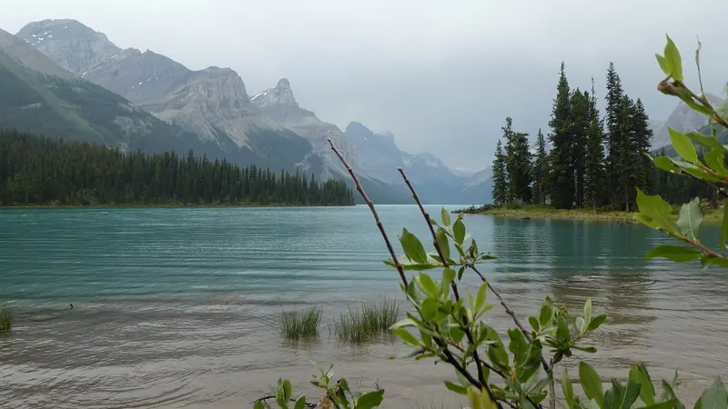 Boating to Spirit Island on Maligne Lake