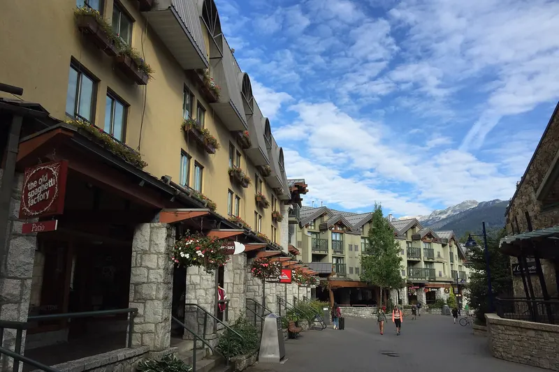 Whistler Village beneath its surrounding mountains