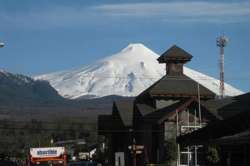 Villarrica volcano rising over Pucon and Lake Villarrica