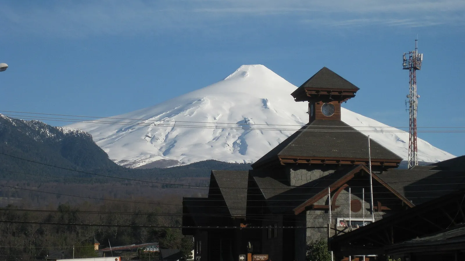 Villarrica volcano rising over Pucon and Lake Villarrica