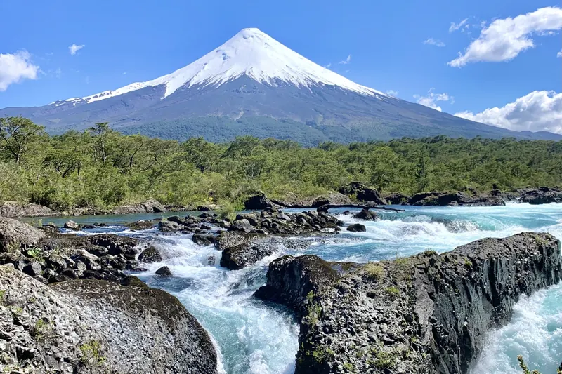 Petrohue Falls with Osorno volcano behind