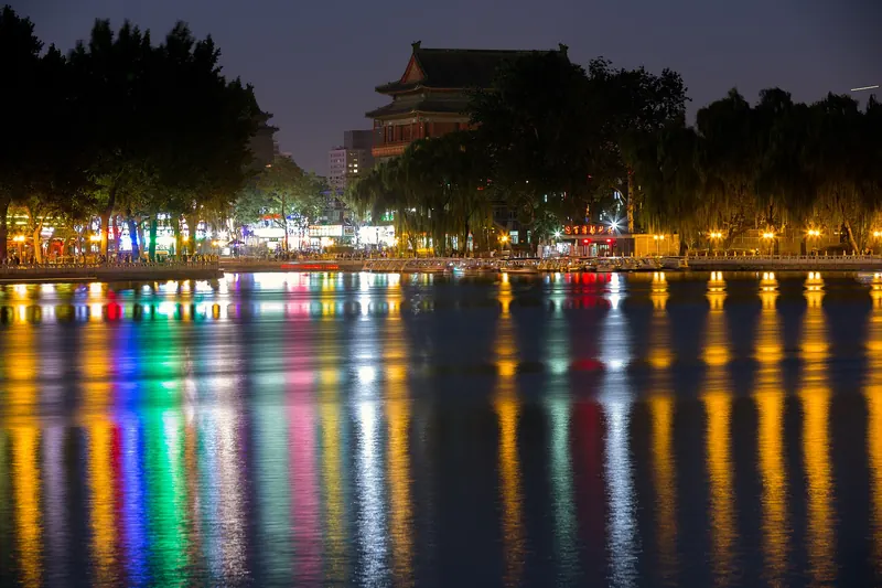 Houhai Lake with the Drum Tower visible in the distance
