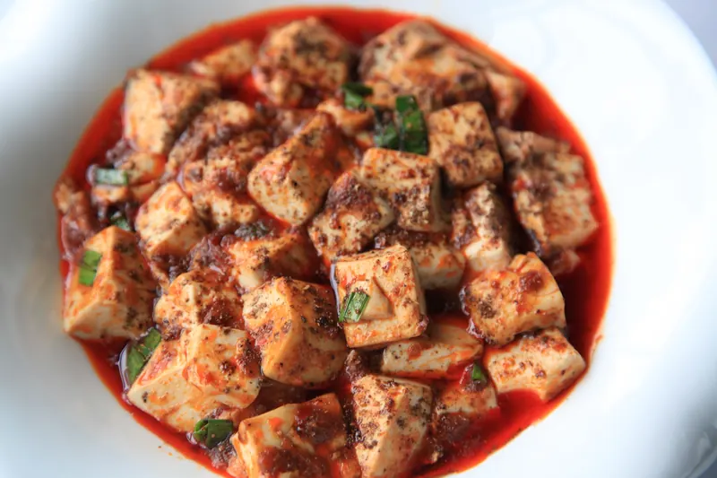 A bowl of mapo tofu in fiery, numbing sauce