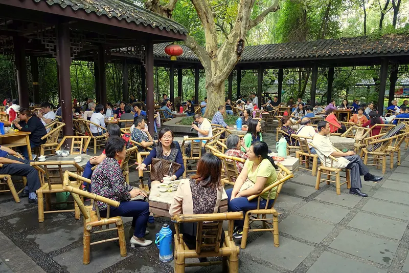 Locals relaxing at an outdoor teahouse in Chengdu