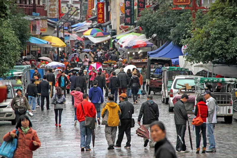 The shops and restaurants lining Yangshuo's West Street