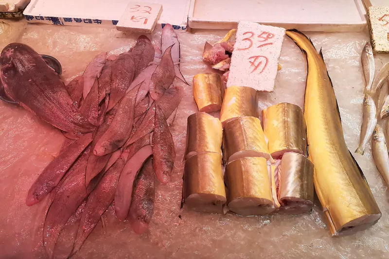 Fresh seafood and produce stalls at a Hong Kong wet market