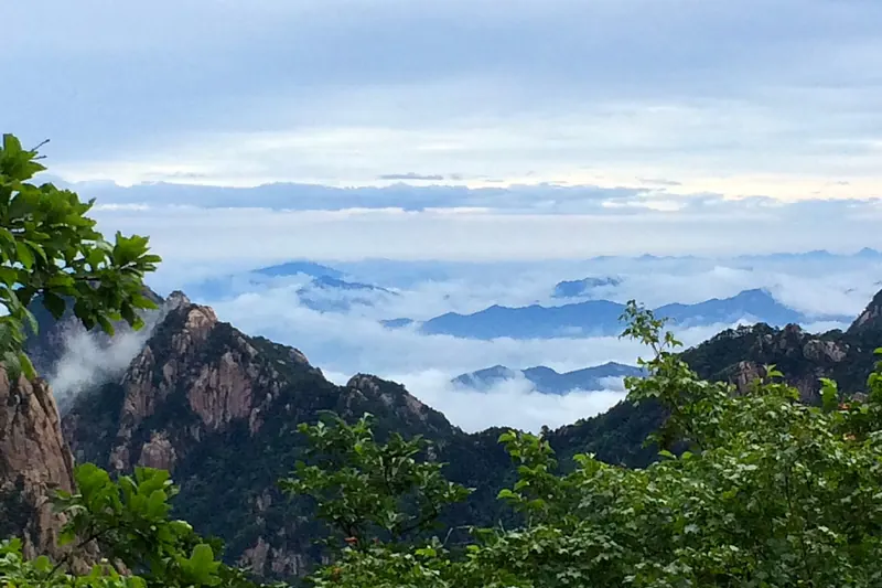 Mist pooling below Huangshan's granite peaks, seen from the summit