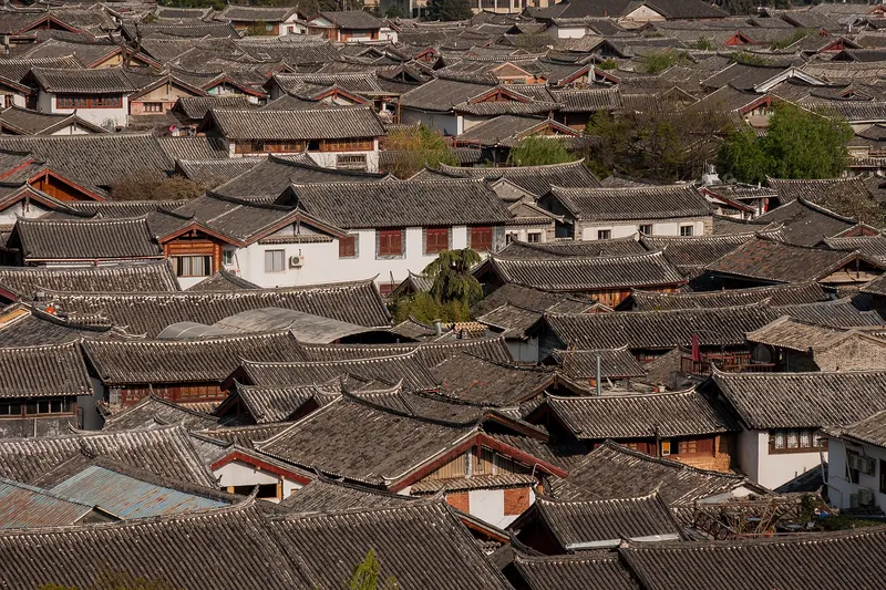 The canal-lined rooftops of Lijiang's Old Town seen from above