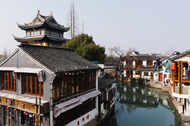 Stone bridges and canal houses in the water town of Zhujiajiao