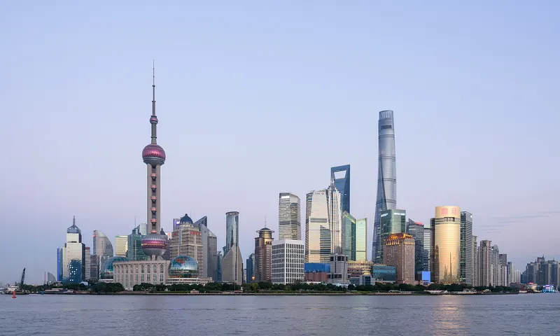 The futuristic skyline of Pudong, Shanghai, seen across the Huangpu River