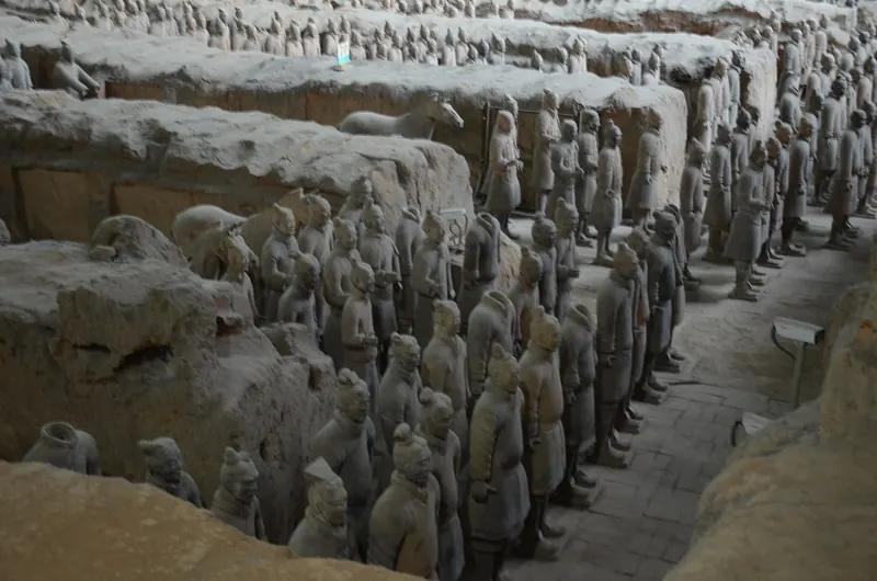 Terracotta warriors and horses in one of the quieter excavation pits