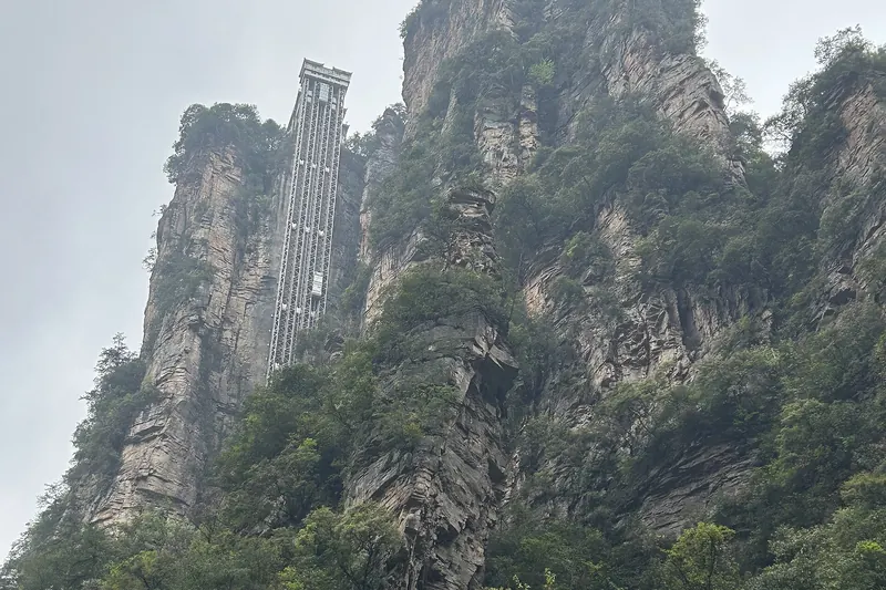 The Bailong Elevator's glass shaft built into the cliff face