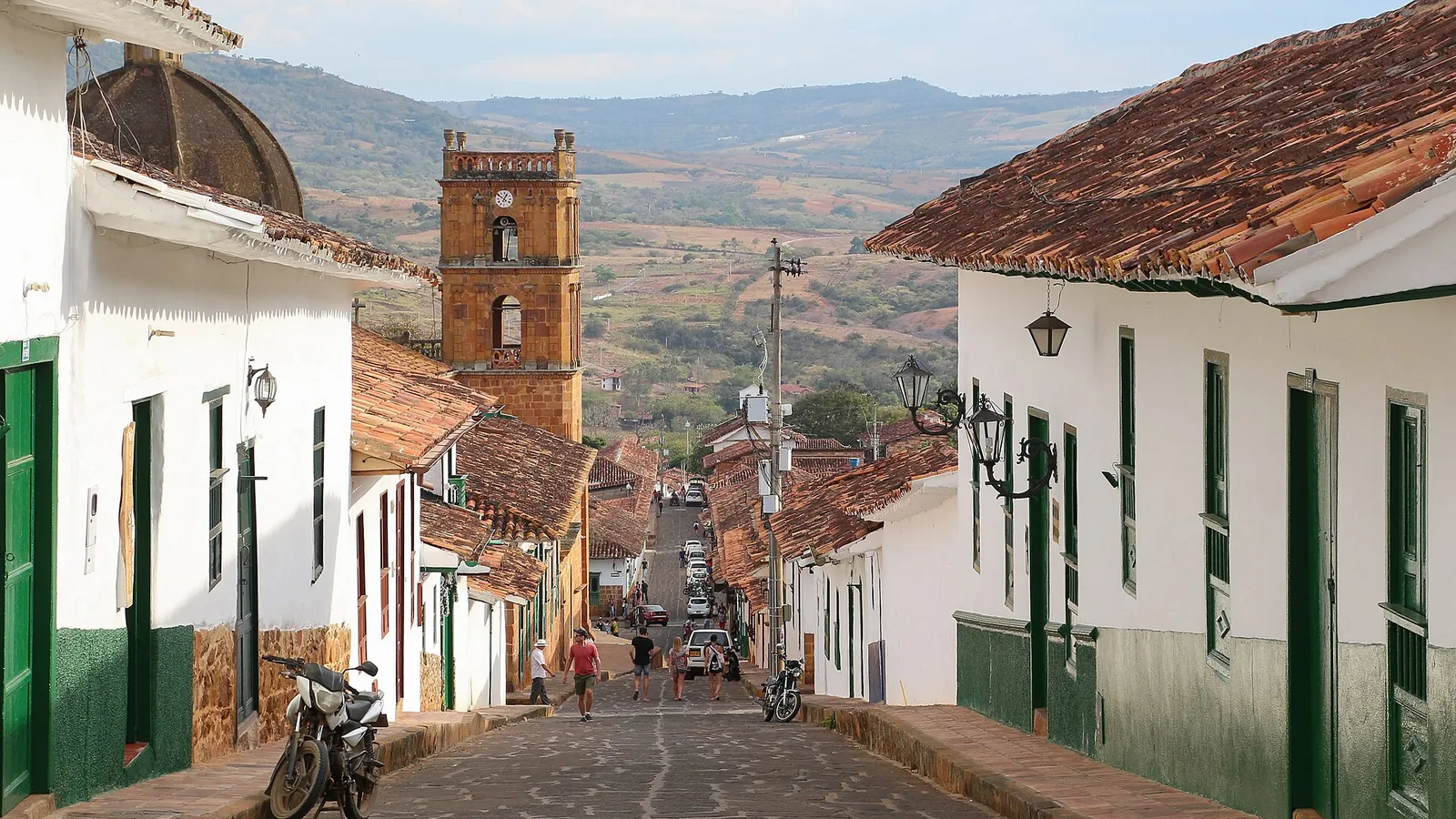 A stone-paved street lined with whitewashed houses in Barichara