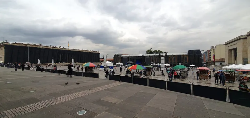 The Plaza de Bolívar in the heart of Bogotá with the cathedral and mountains beyond