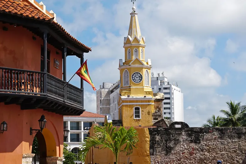 The yellow Clock Tower gateway at the entrance to Cartagena's walled city