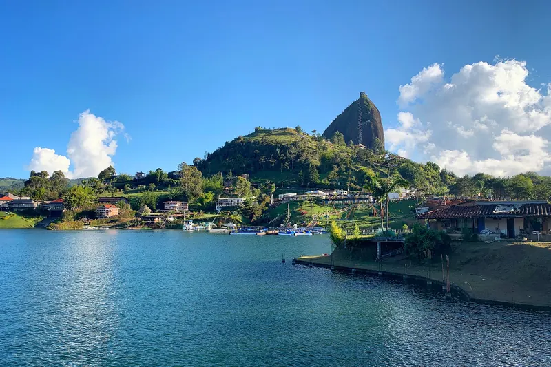 The giant granite monolith of El Peñol rising above the Guatapé reservoir