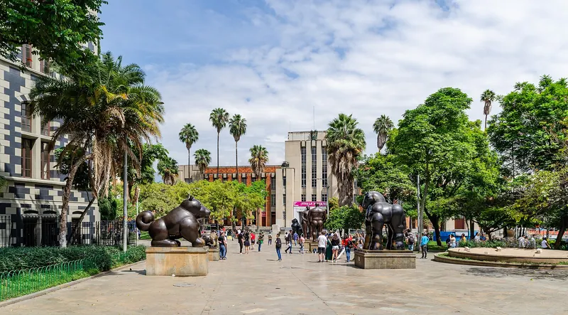 Fernando Botero's round bronze sculptures on Plaza Botero in Medellín