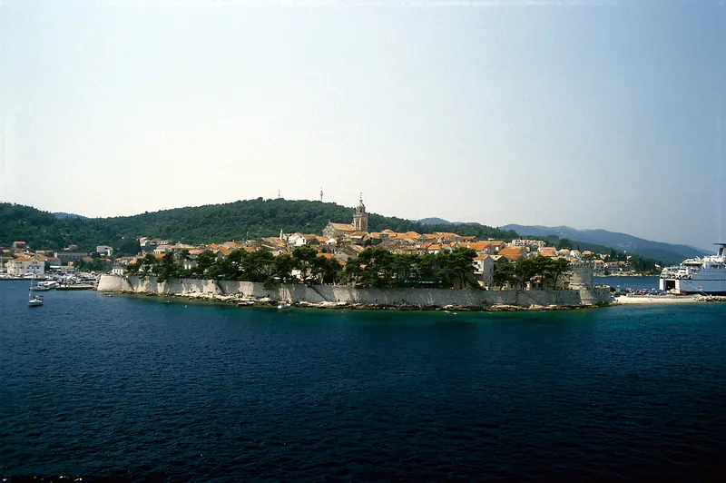 Korčula's old town walls seen from the water