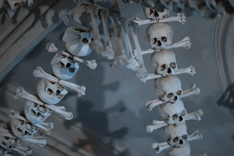 The bone-decorated interior of the Sedlec Ossuary