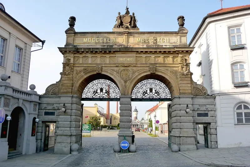 The historic main gate of the Pilsner Urquell Brewery