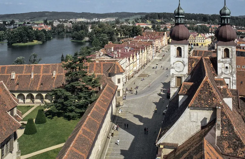 The view over Telč from St James's Church tower