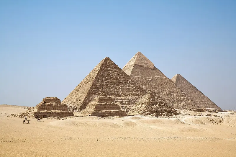 The Great Pyramids of Giza rising from the desert outside Cairo