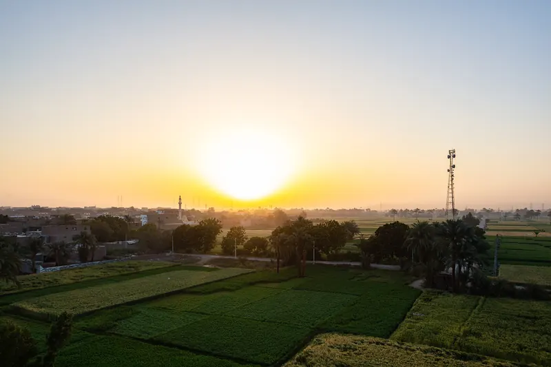 Luxor and the Nile at sunrise, seen from above