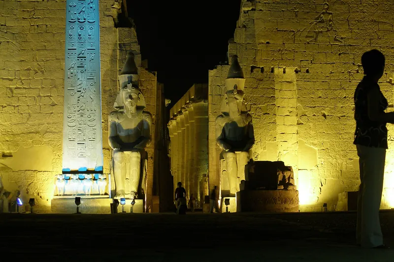 Luxor Temple's columns lit up at night